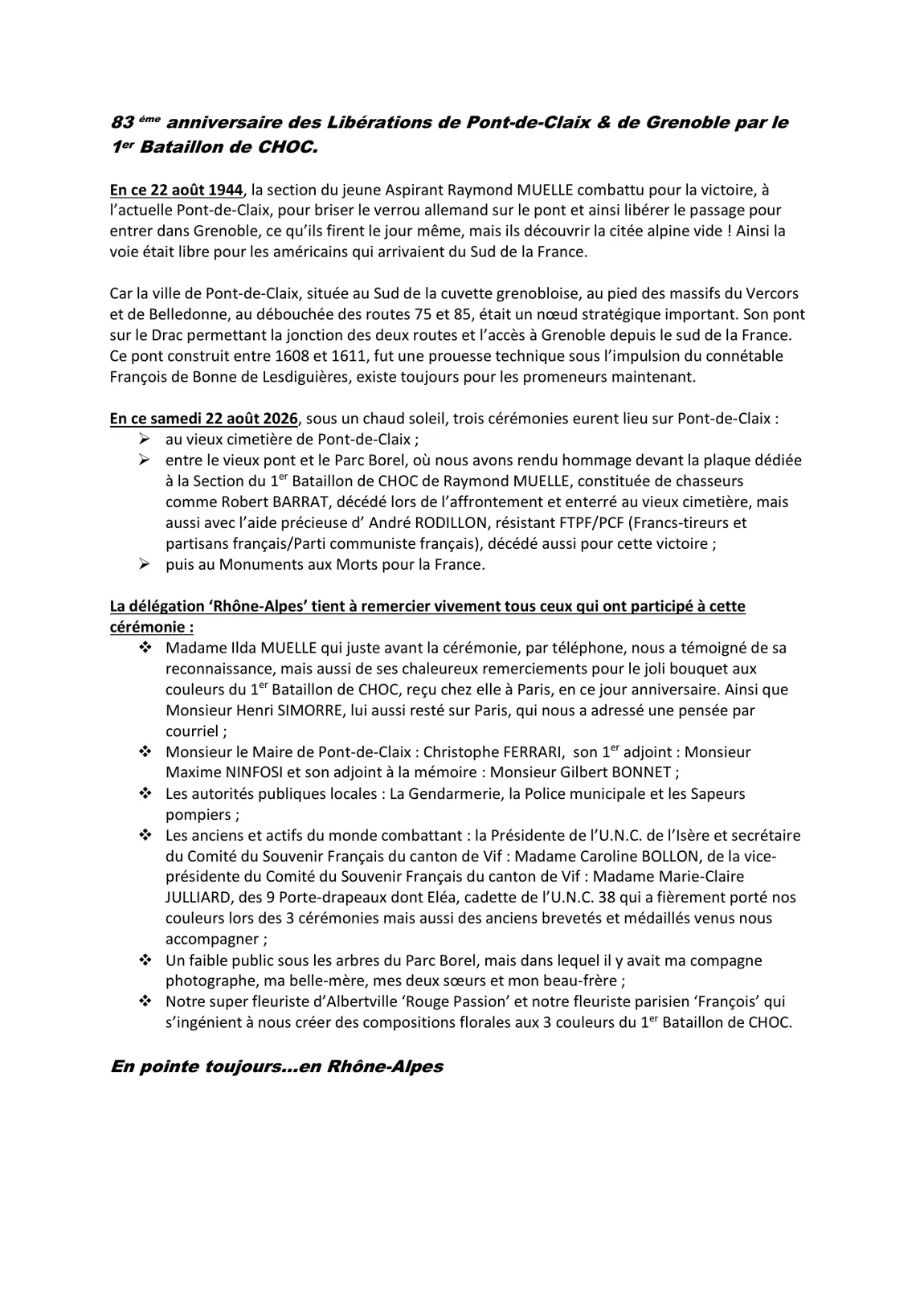 Compte rendu dactylographié de la délégation Rhône-Alpes sur les cérémonies du 22 août 2026 à Pont-de-Claix.