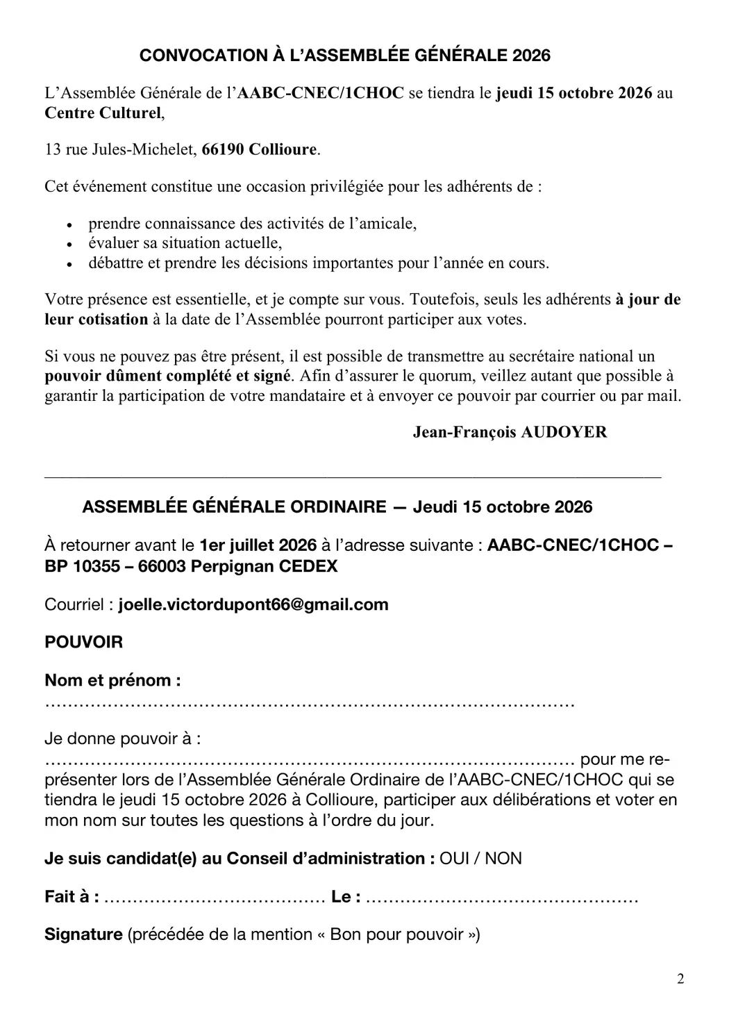 Convocation à l'assemblée générale 2026 et formulaire de pouvoir.