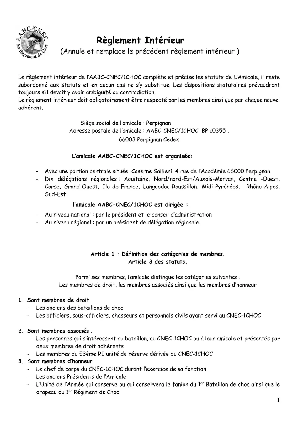 Règlement intérieur, page 1 : organisation et article 1.