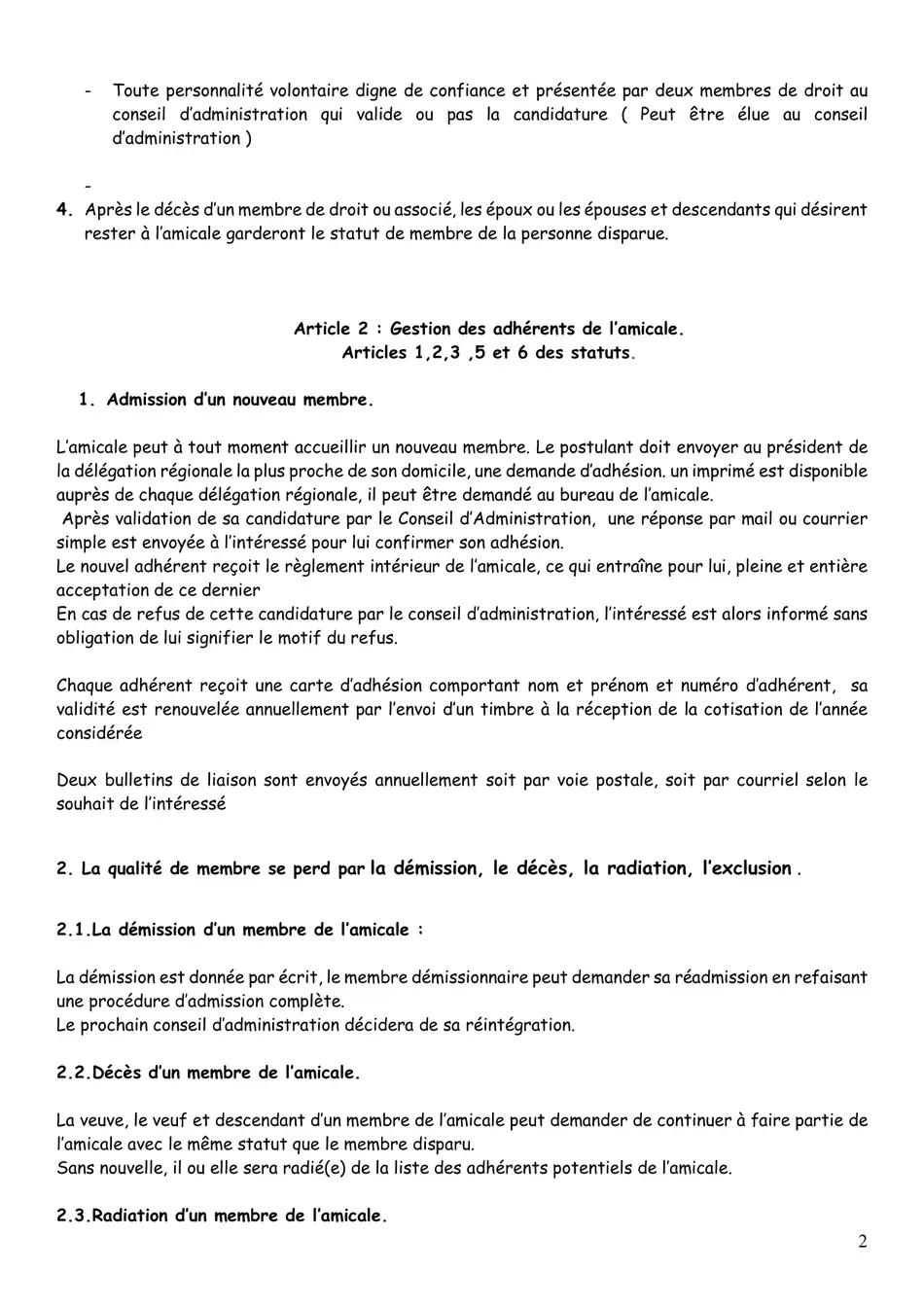 Règlement intérieur, page 2 : article 2, gestion des adhérents.