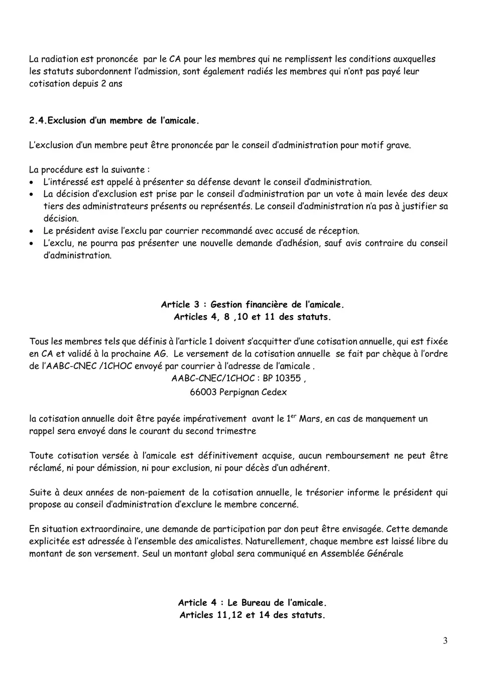 Règlement intérieur, page 3 : exclusion et gestion financière.