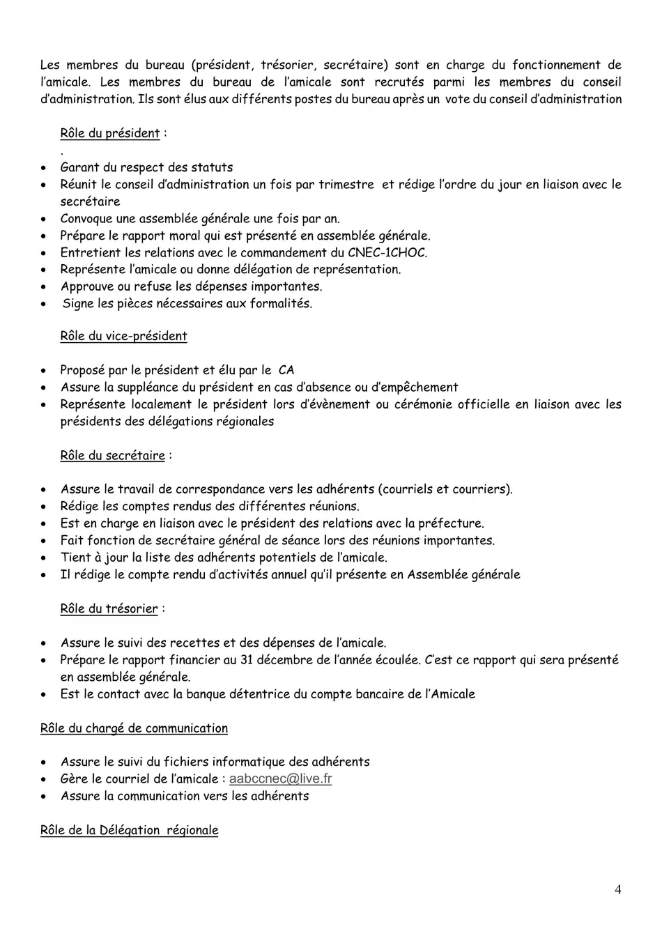 Règlement intérieur, page 4 : rôles des membres du bureau.