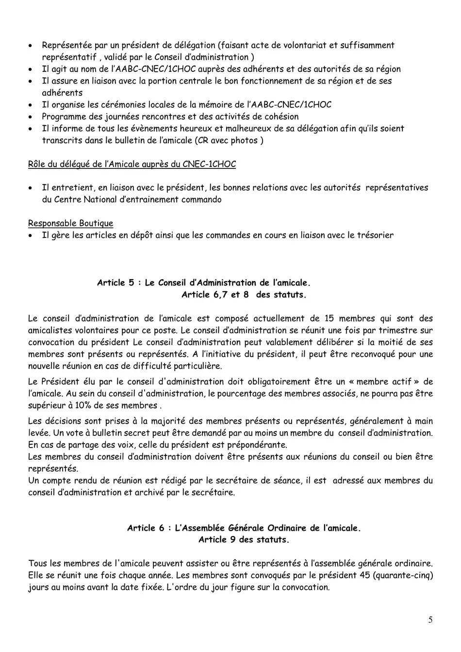 Règlement intérieur, page 5 : délégations et conseil d'administration.