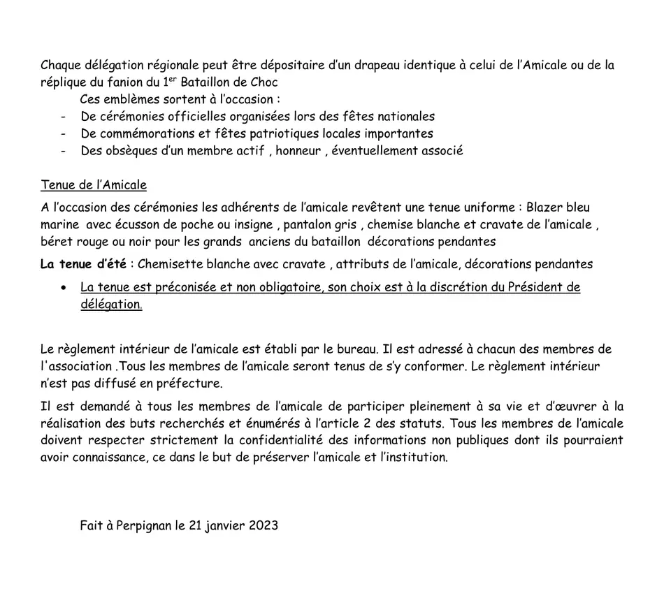 Règlement intérieur, page 7 : emblèmes, tenue et dispositions diverses.